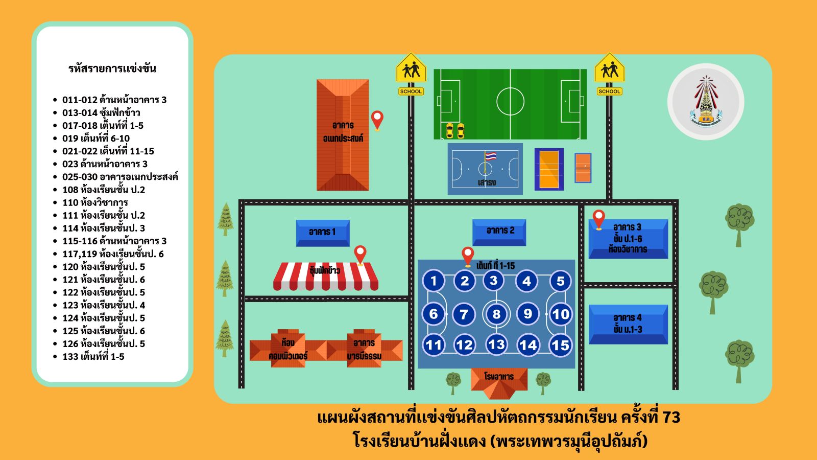แผนผังสถานที่แข่งขันศิลปหัตถกรรม ครั้งที่ 73 โรงเรียนบ้านฝั่งแดง (พระเทพวรมุนีอุปถัมภ์)